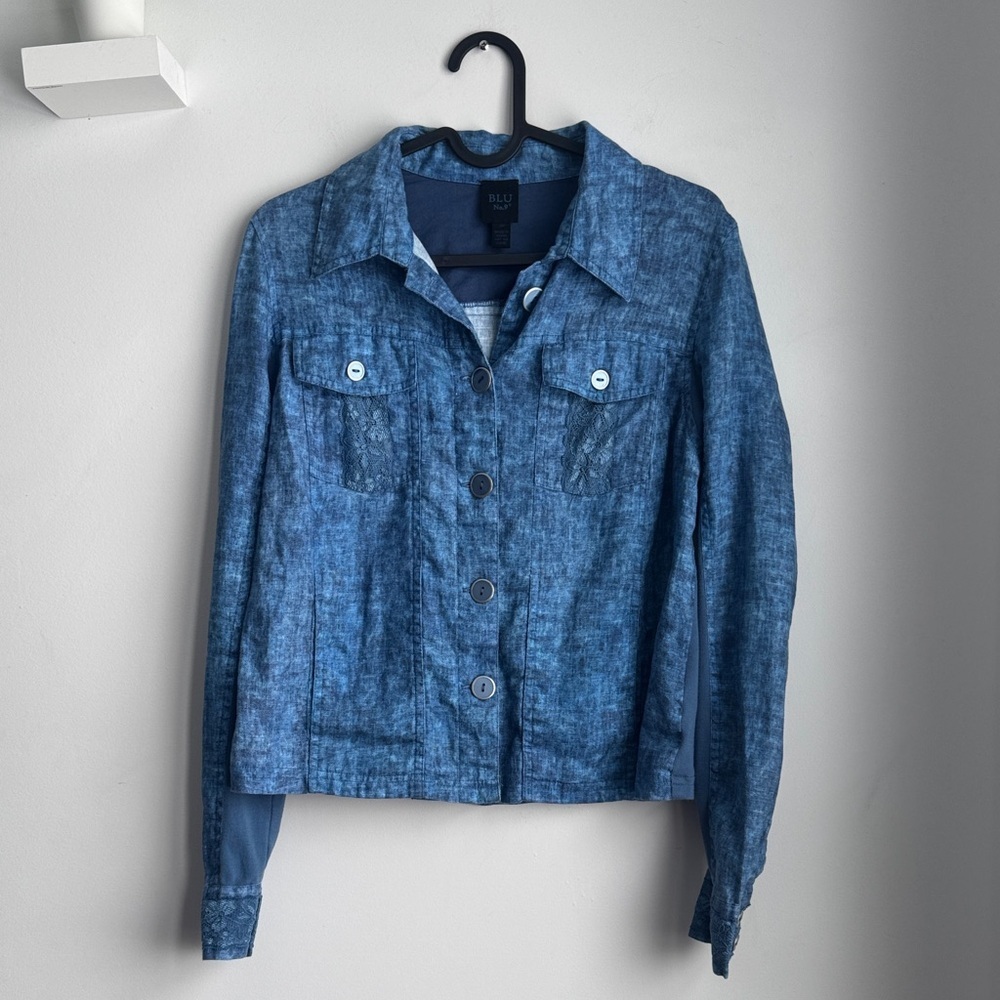 Blu No. 9 Blue Linen Jacket With Lace Details